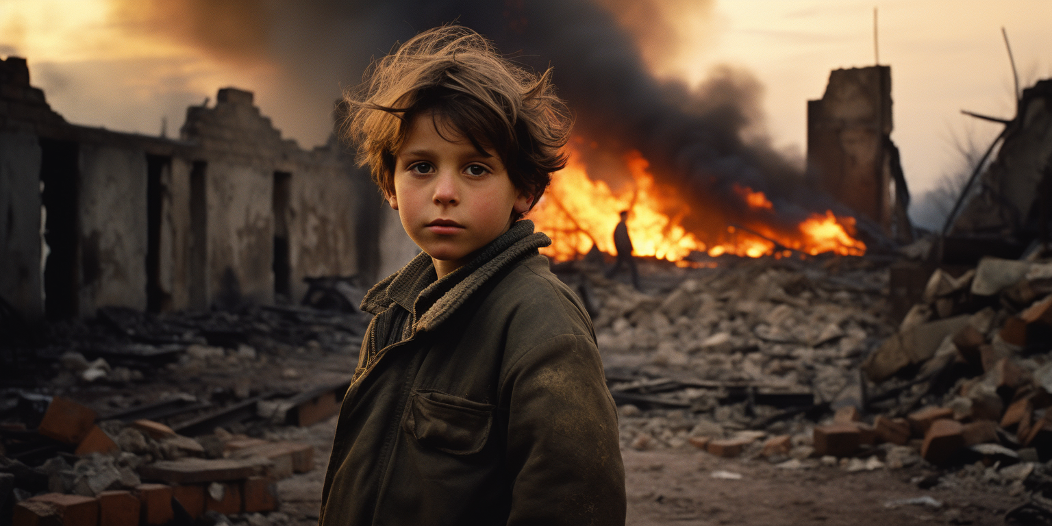 Frightened child amidst burning ruins