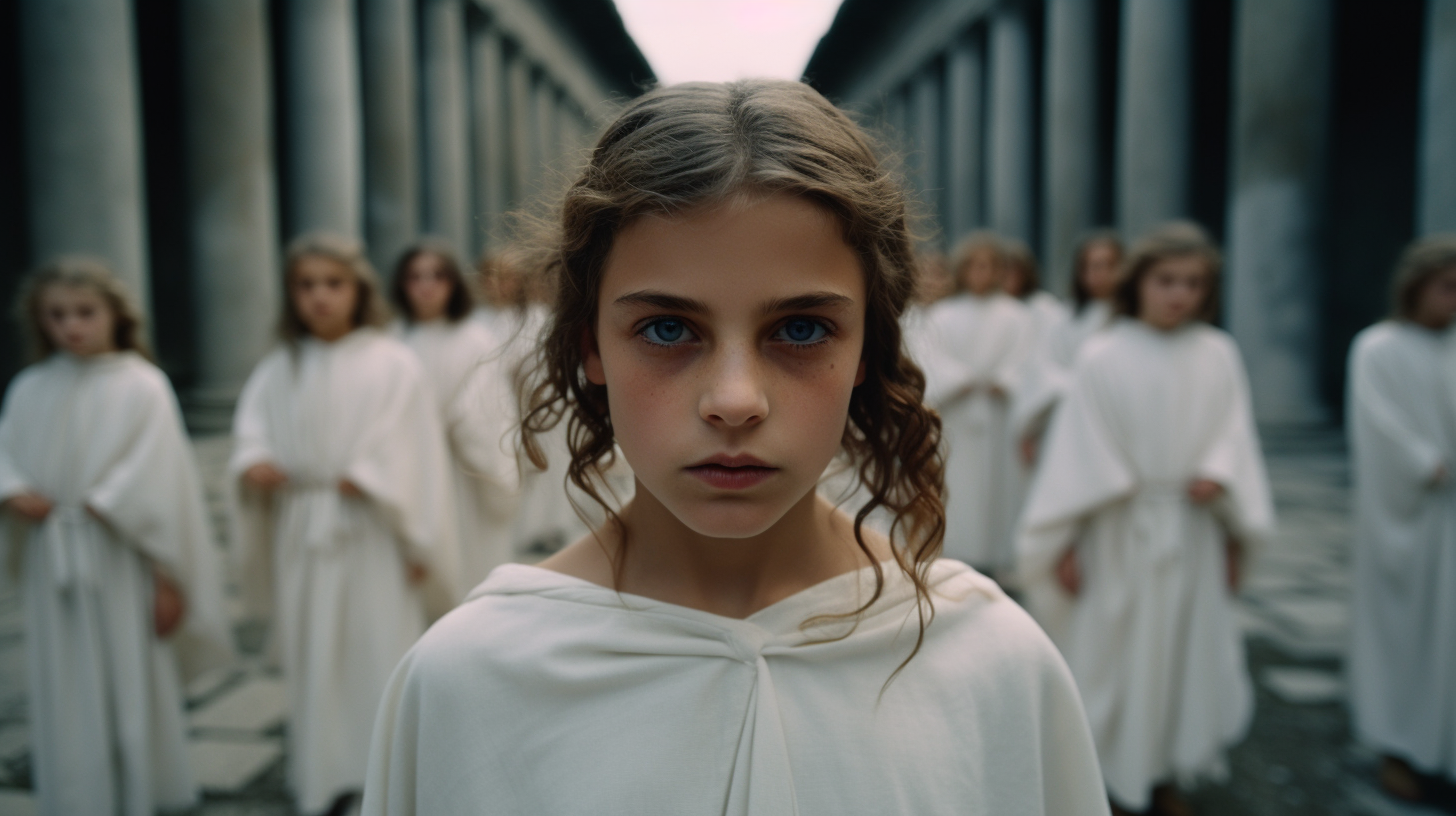 Frightened girl with group of women in Roman temple