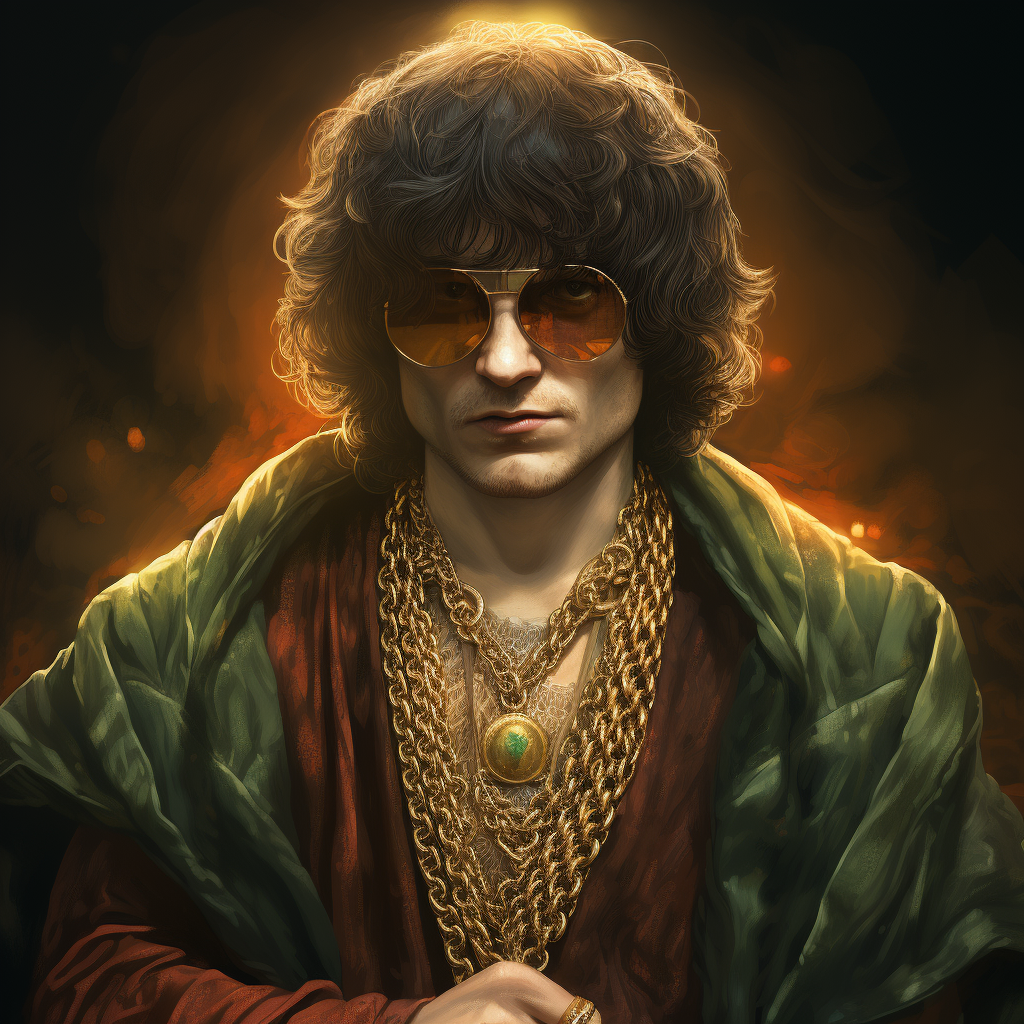 Frodo in gangsta attire with bling