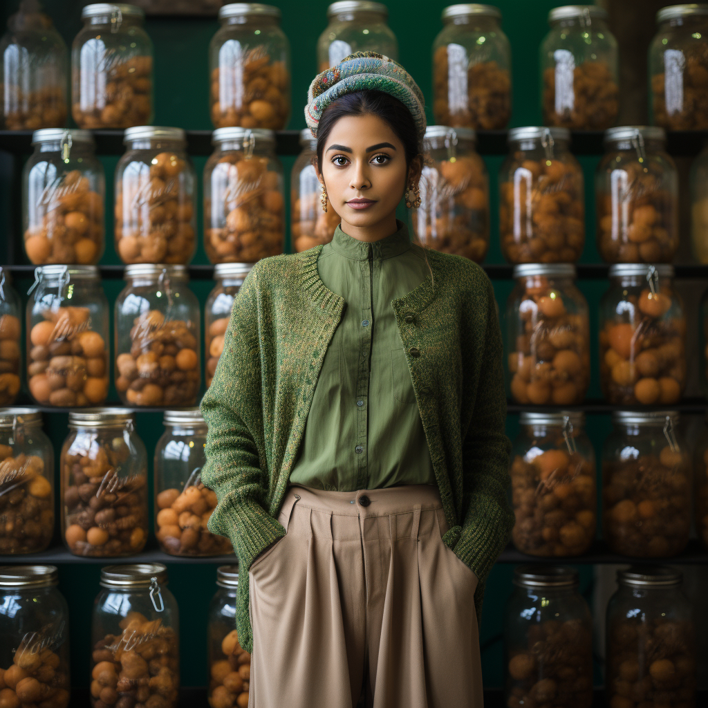 Fashionable Indian woman in Frog and Toad-inspired streetwear