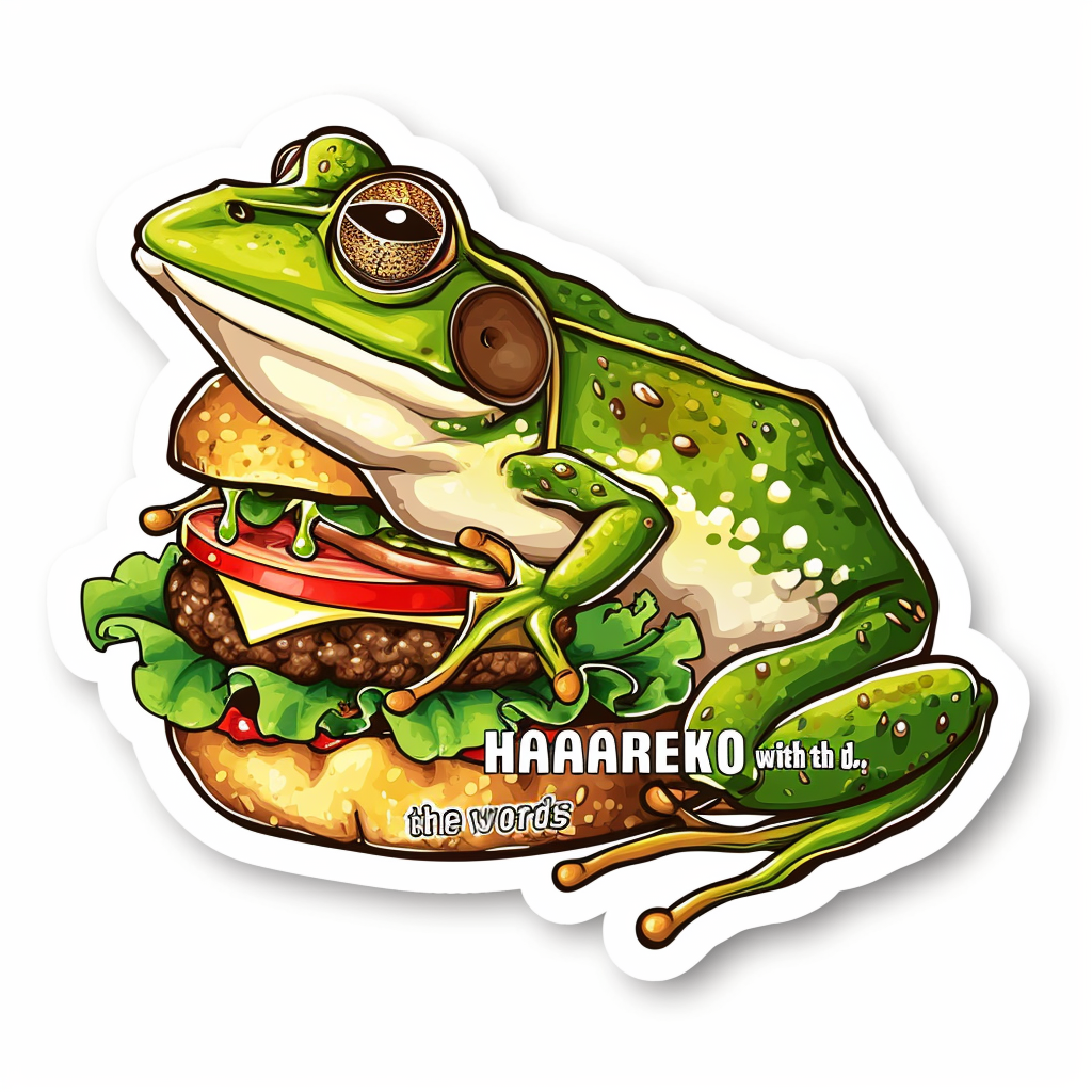 Cartoonish colorful frog eating hamburger sticker