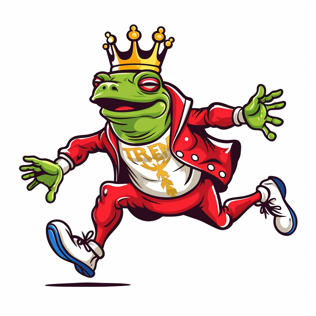 Frog running with a crown and red sneakers