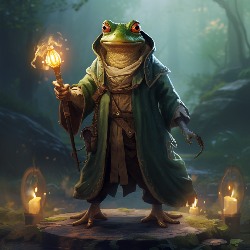 Cartoon Frog Warlock studying with magical background