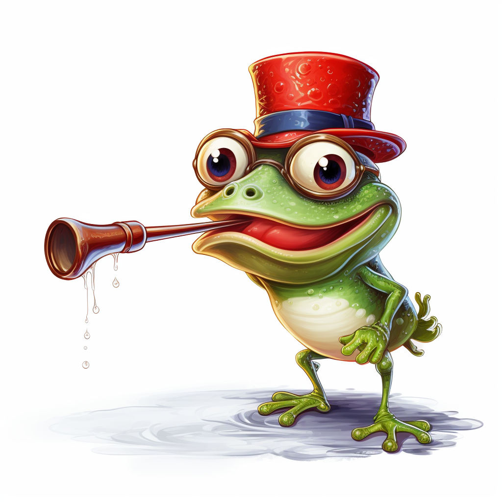 Cartoon frog with whistle, hat, and eyeglass