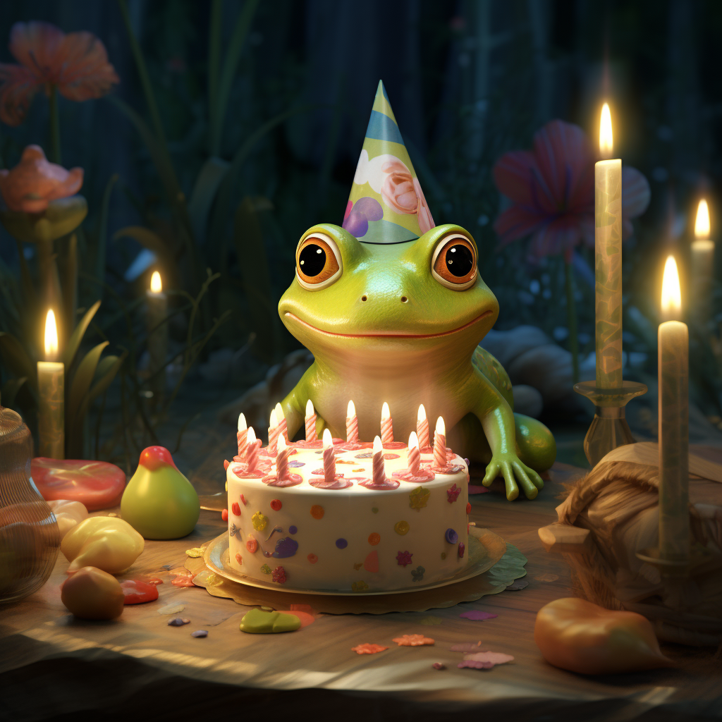 Frog wearing birthday hat and cake