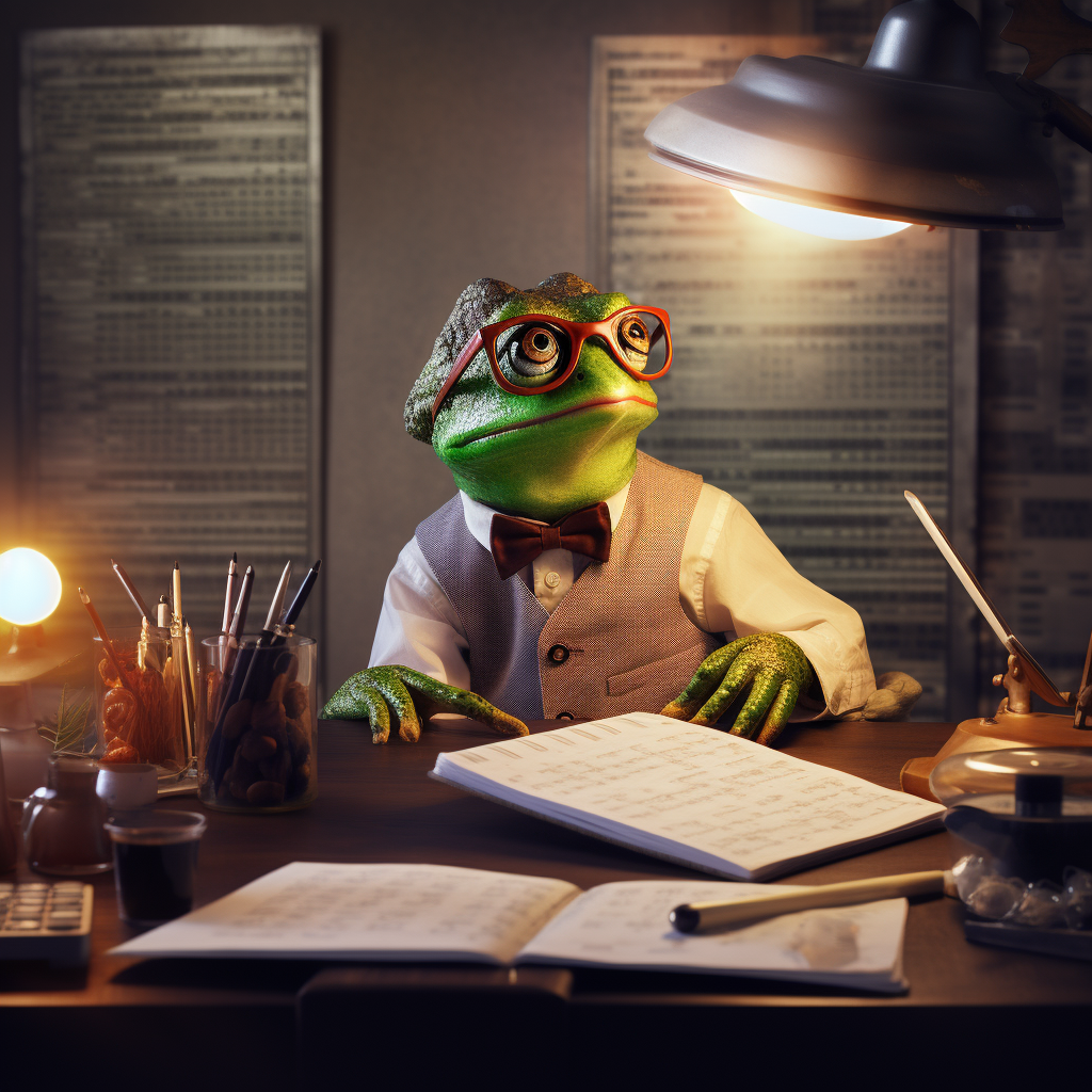 Frog studying investment stock charts