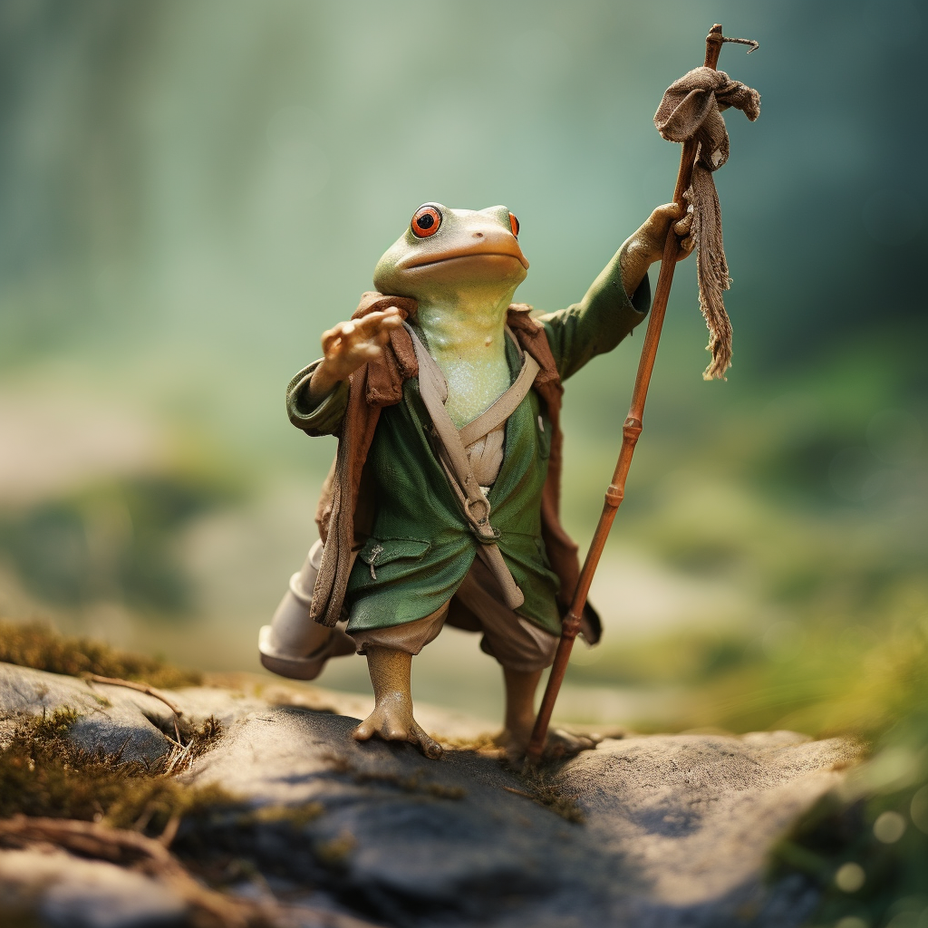 Cute frog traveler with knot on stick