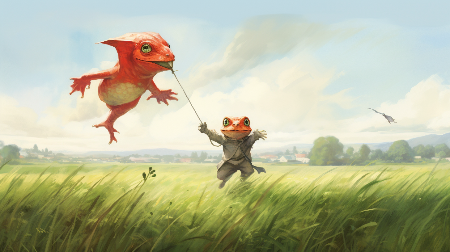 Illustration of a frog holding a red kite in a grassy field