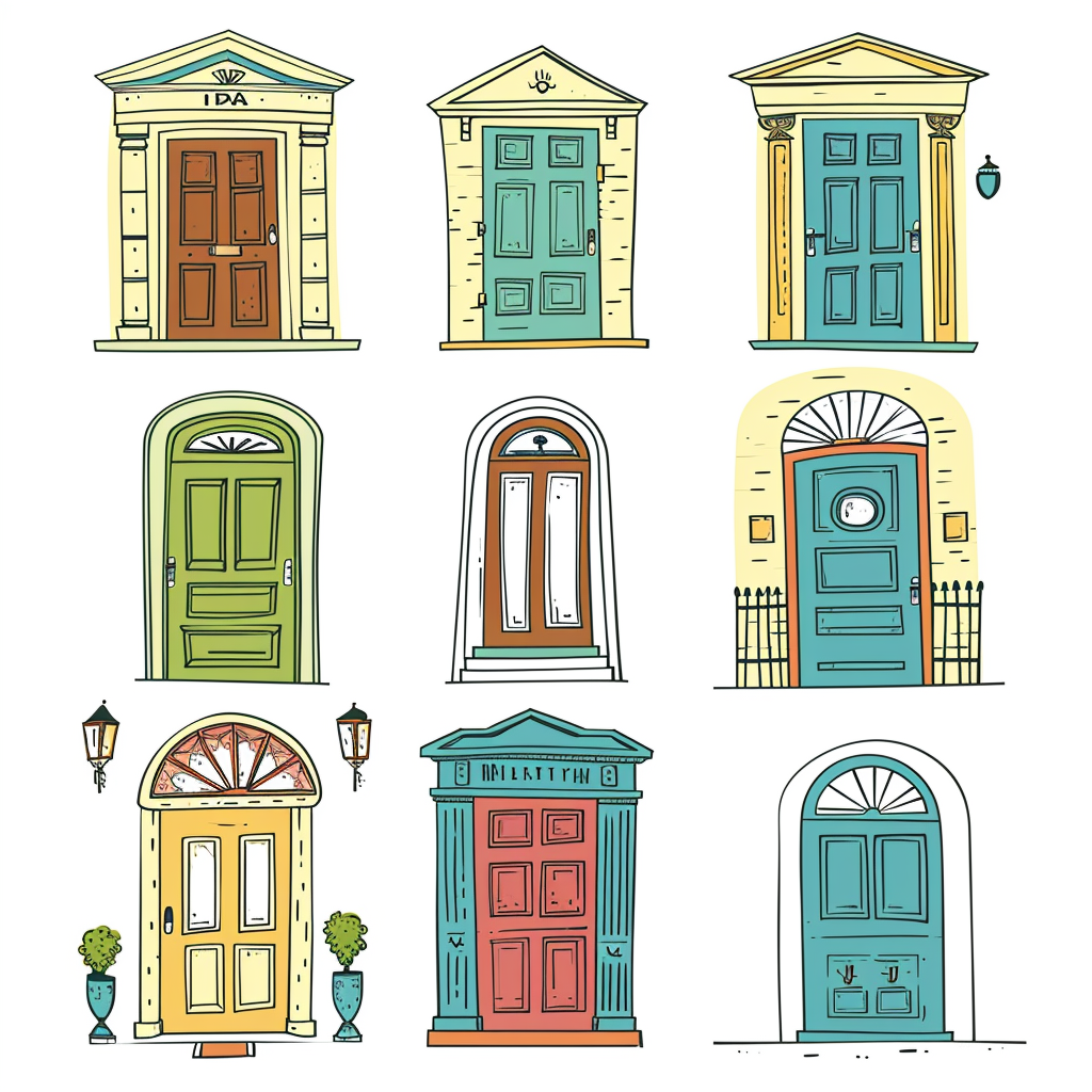 Cartoon front doors in quarter view