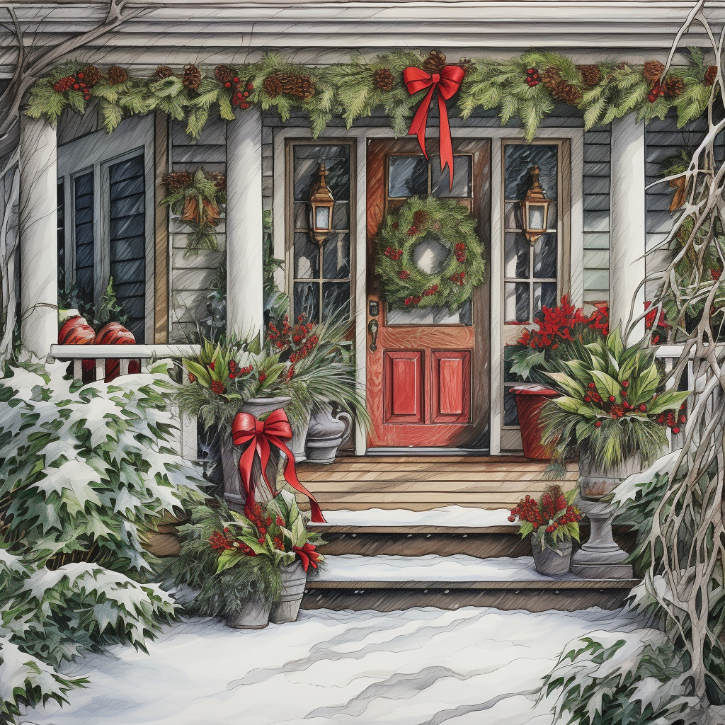 Christmas-themed front porch garden