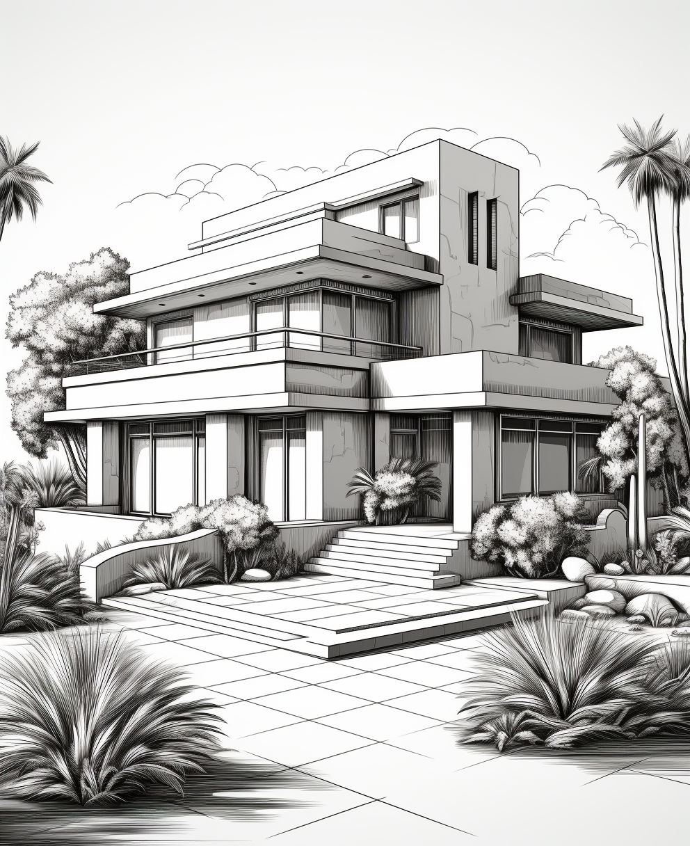 Coloring page of front view Barragan House in the city