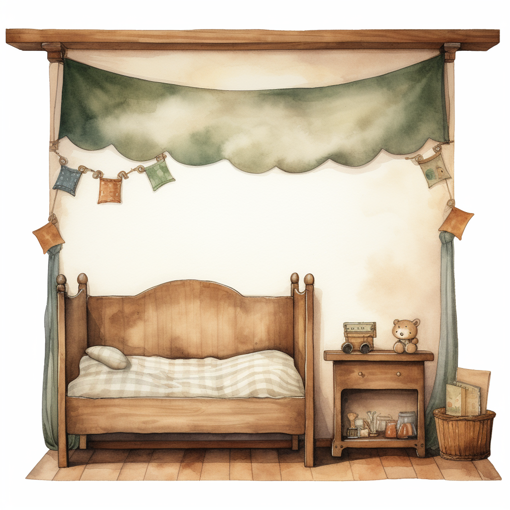 Front view of children room furniture sheet oil painting