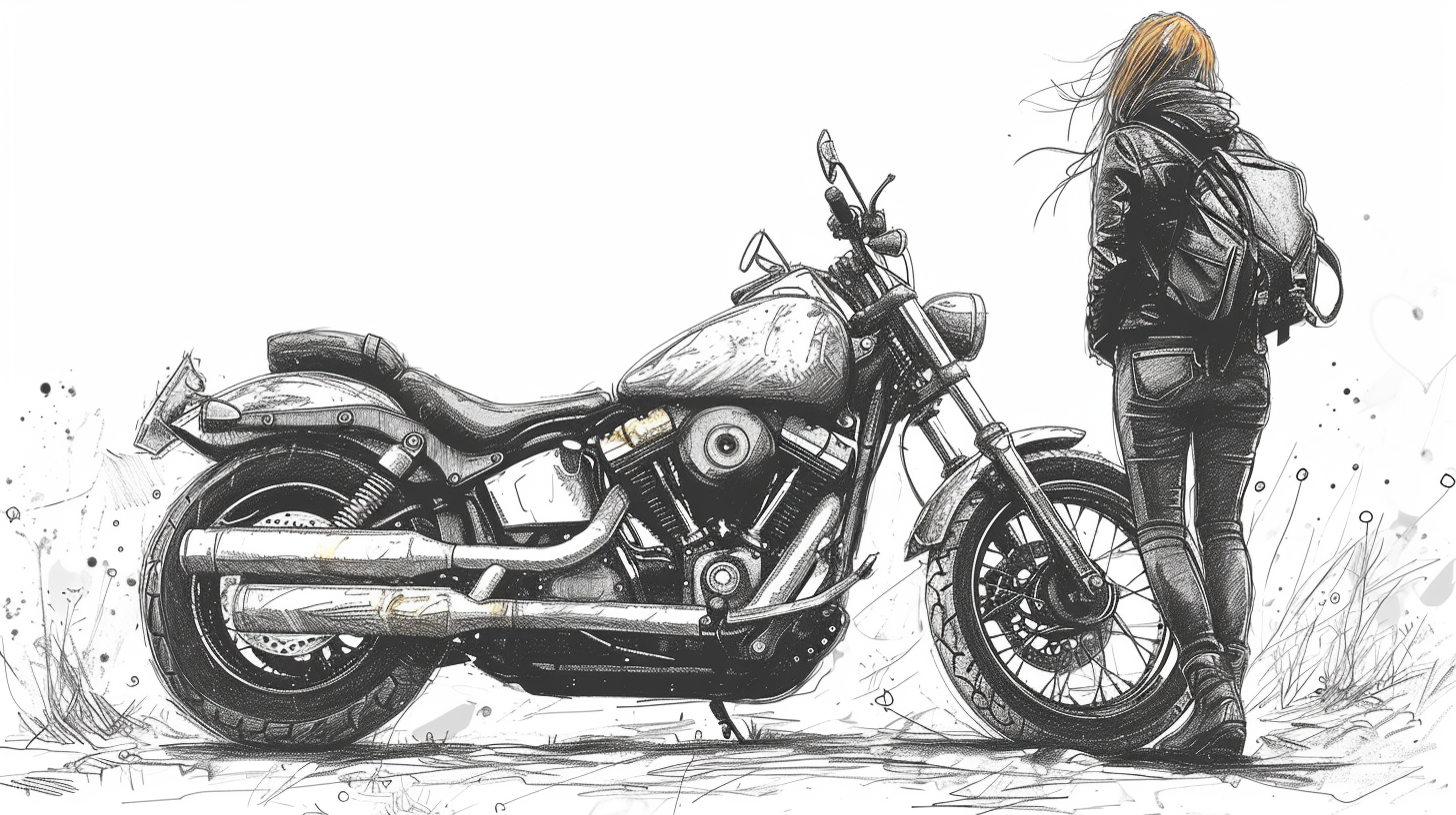 Motorcycle line drawing with person standing