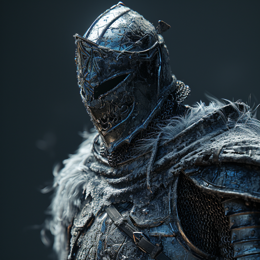 Close up portrait of frost covered knight armor with energy