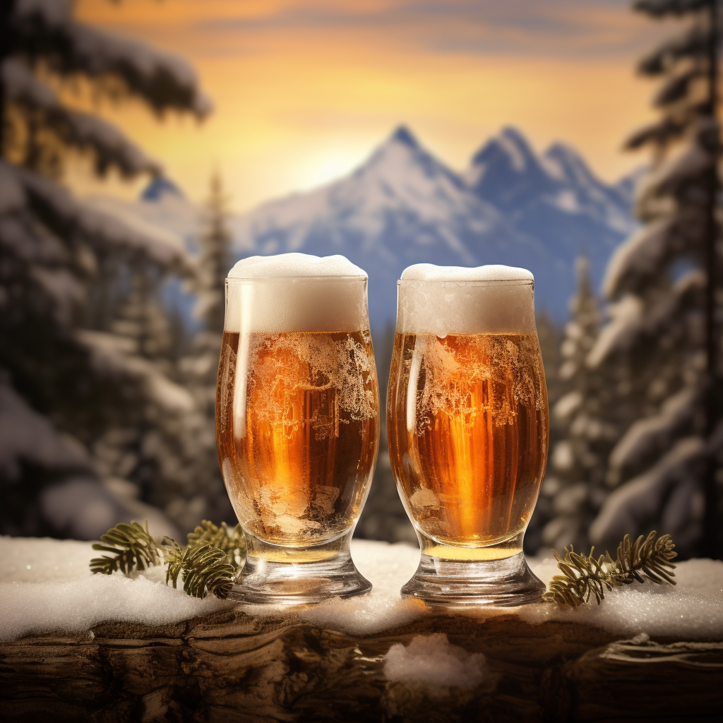 Frosted beer glass in winter mountain scenery