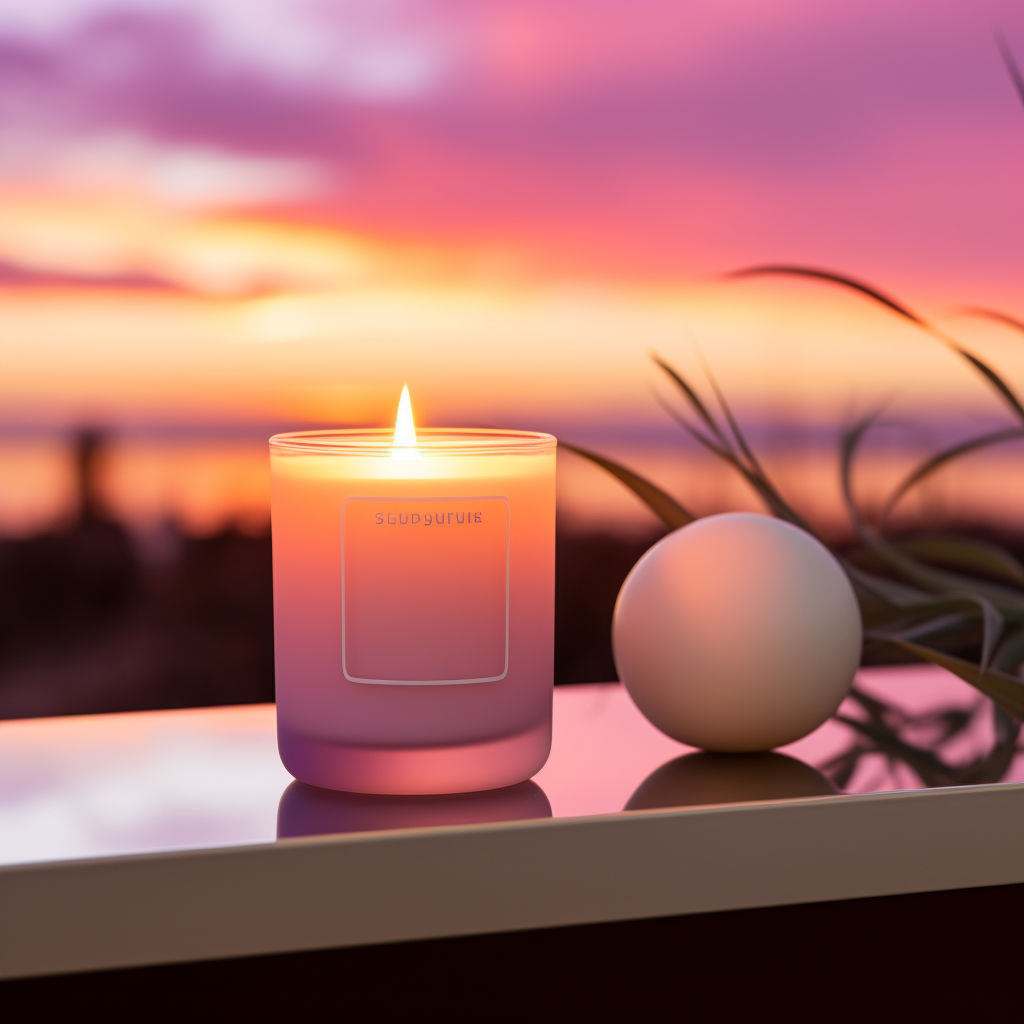 Frosted glass candle on pink sunset sky