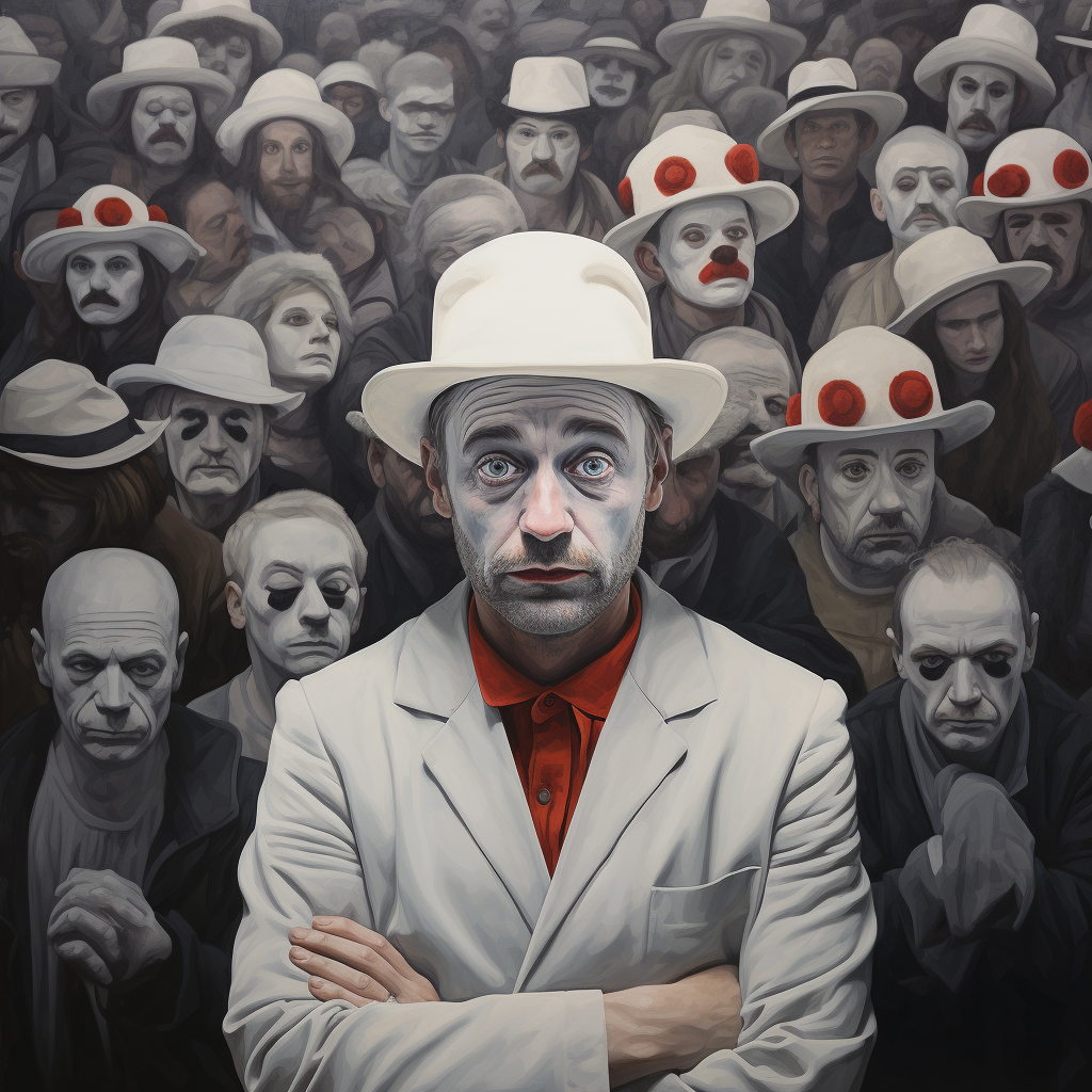 Frowning clown surrounded by gray hats