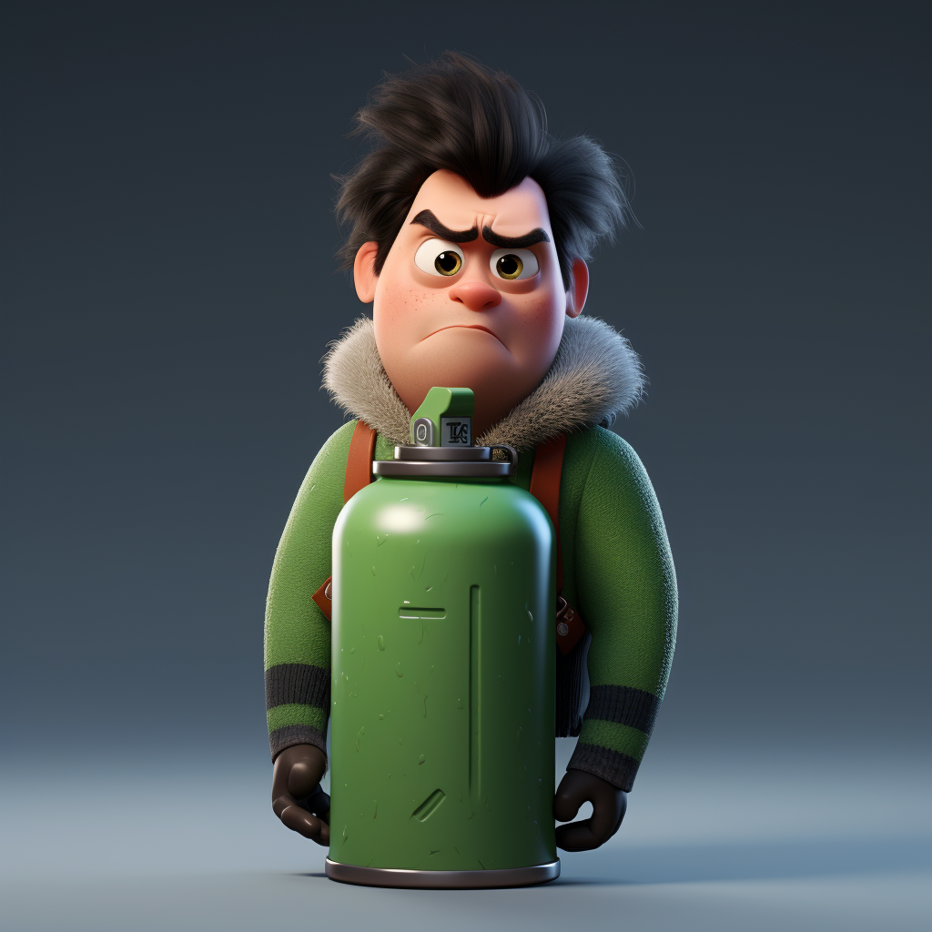 Pixar-style frowning green thermos character with chainsaw