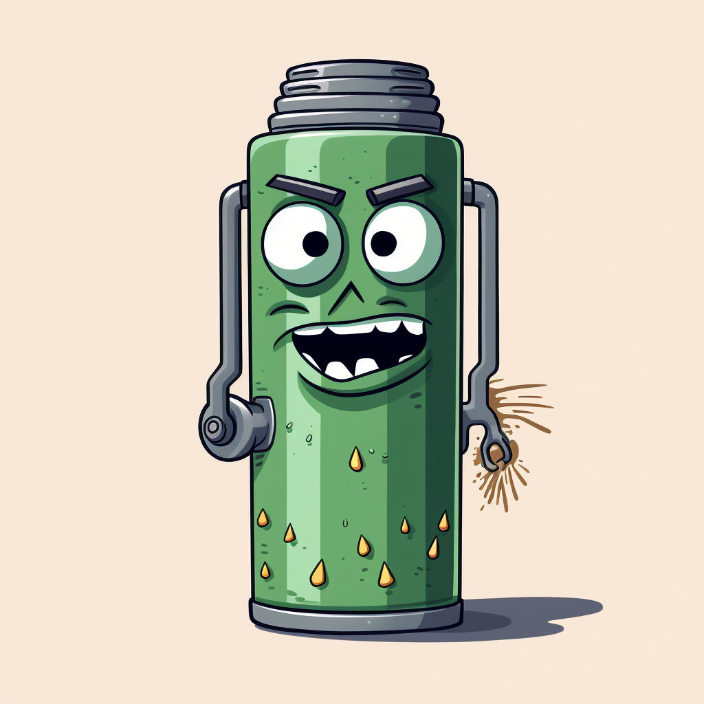 Cartoon of a frowning male thermos with chainsaw