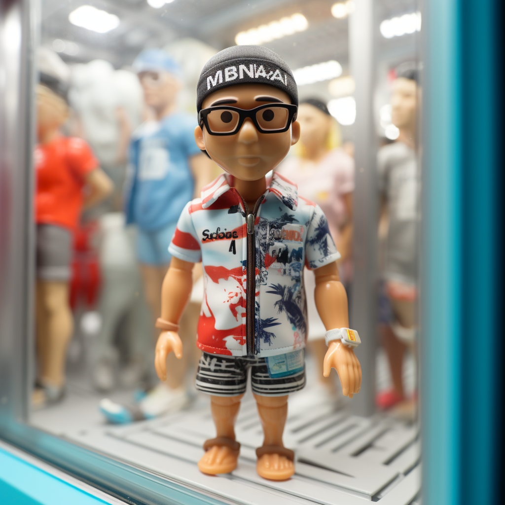 Miniature frozen Japanese man in swim trunks in vending machine