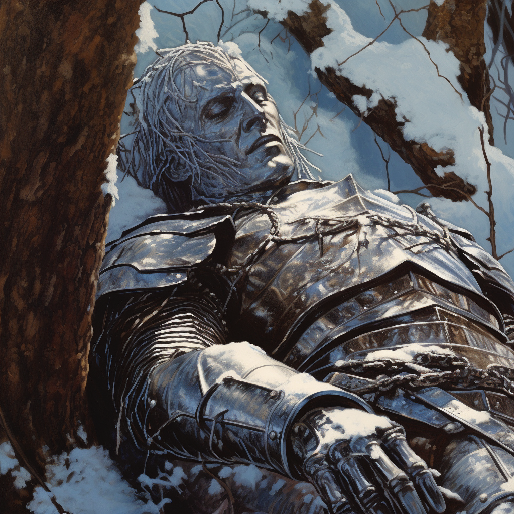 Frozen knight with icicles on tree