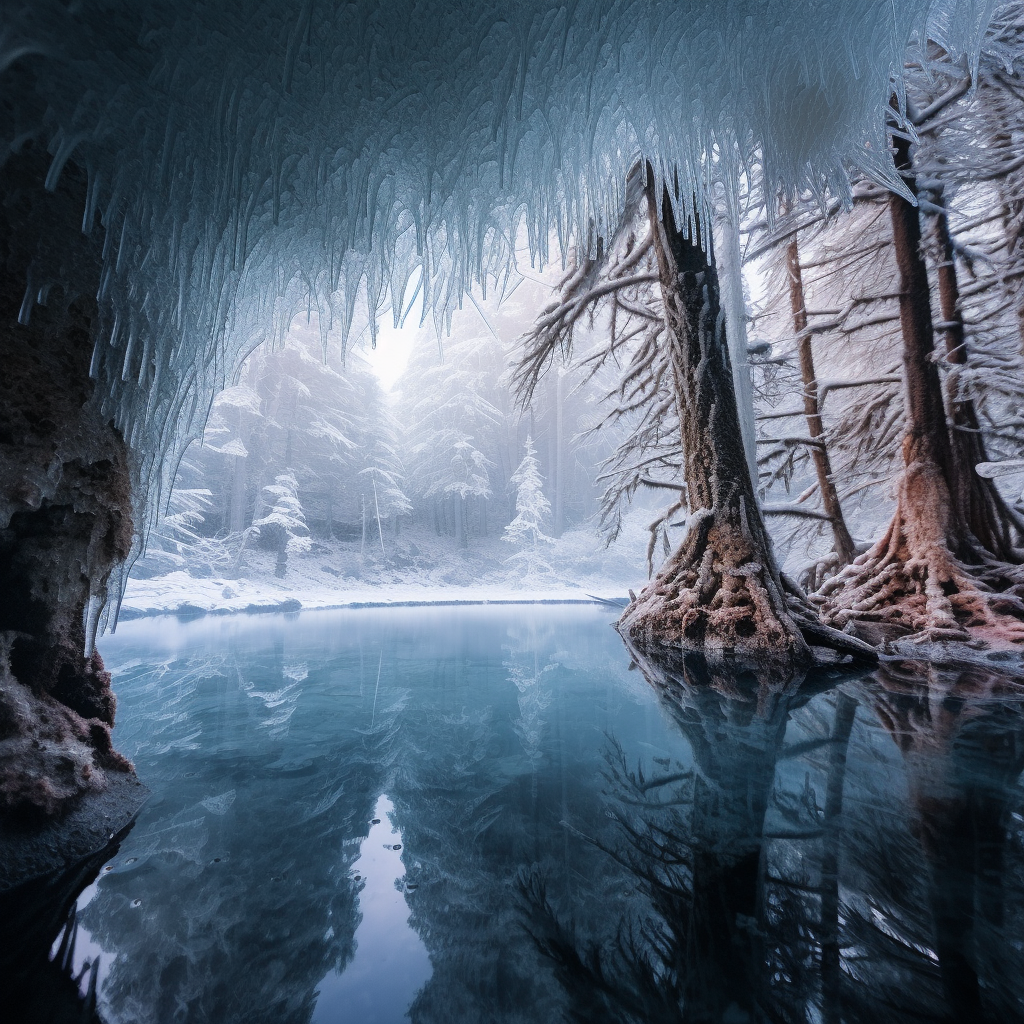 View of Frozen Lake Amongst Snowy Forest