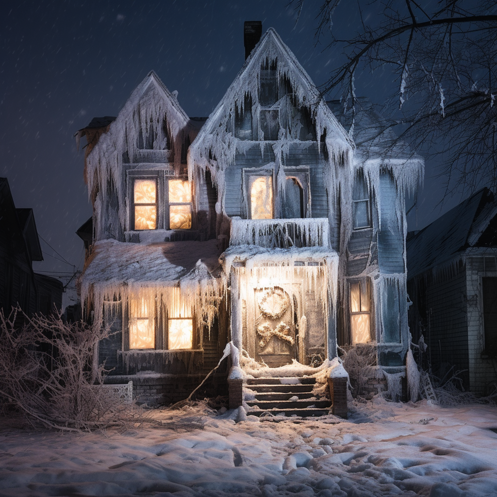 Snow-covered abandoned house with ghostly apparitions