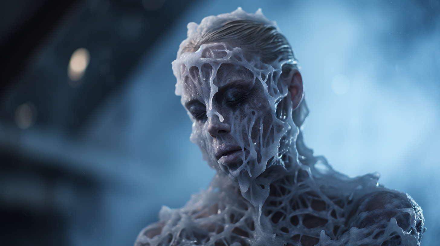 Frozen body crystalizing in cinematic photo