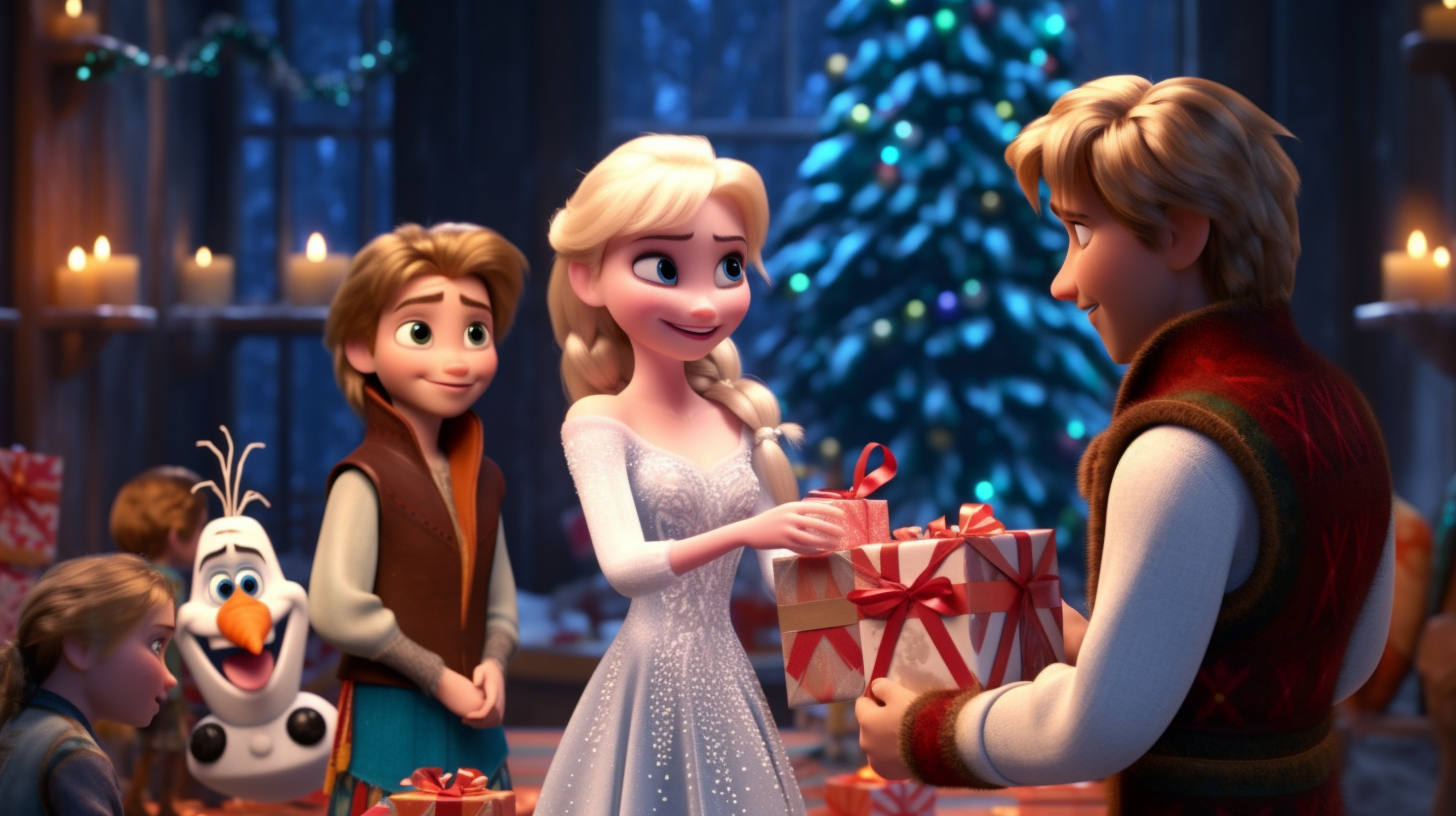 Elsa, Anna, Olaf, and Kristoff in Santa outfits around gift boxes  ?