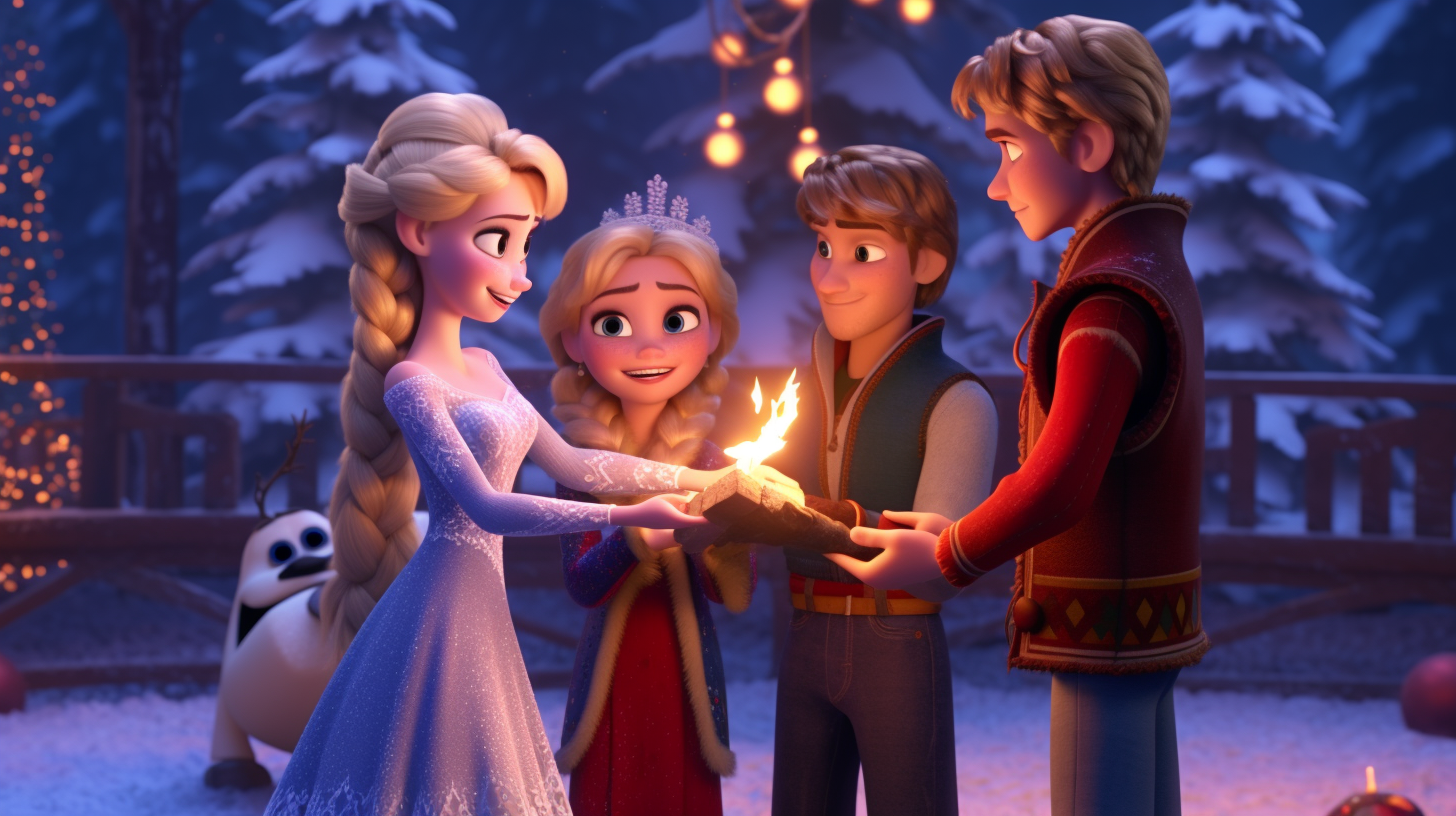 Elsa, Anna, Olaf, and Kristoff singing around a Christmas tree