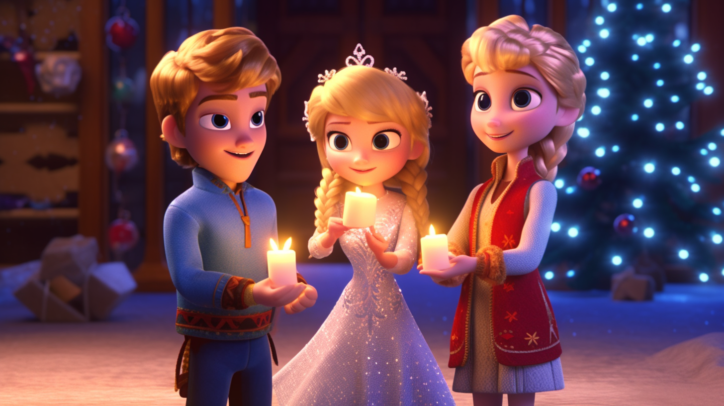 Frozen characters celebrating Christmas with gifts