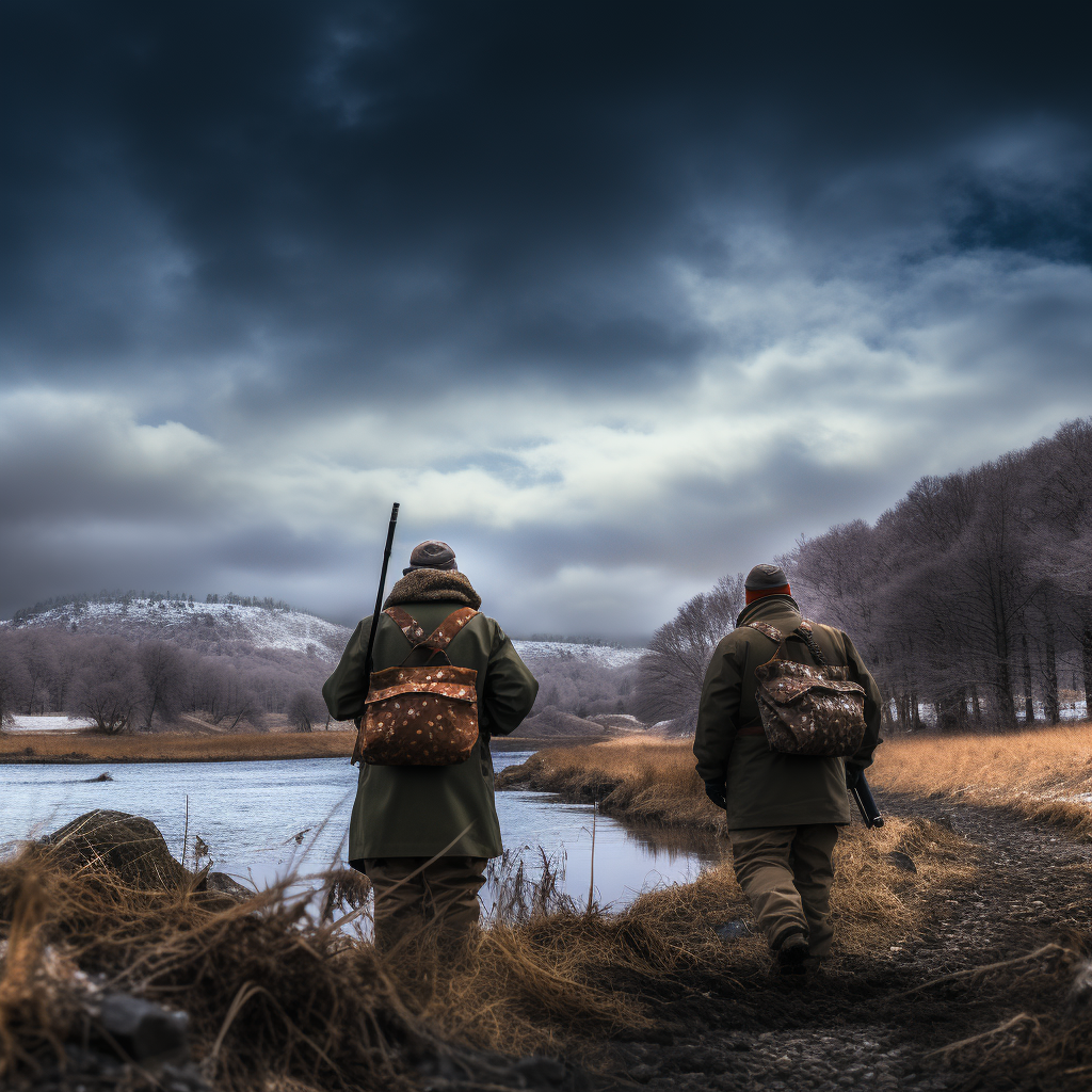 Two hunters near frozen lake in Aveyron