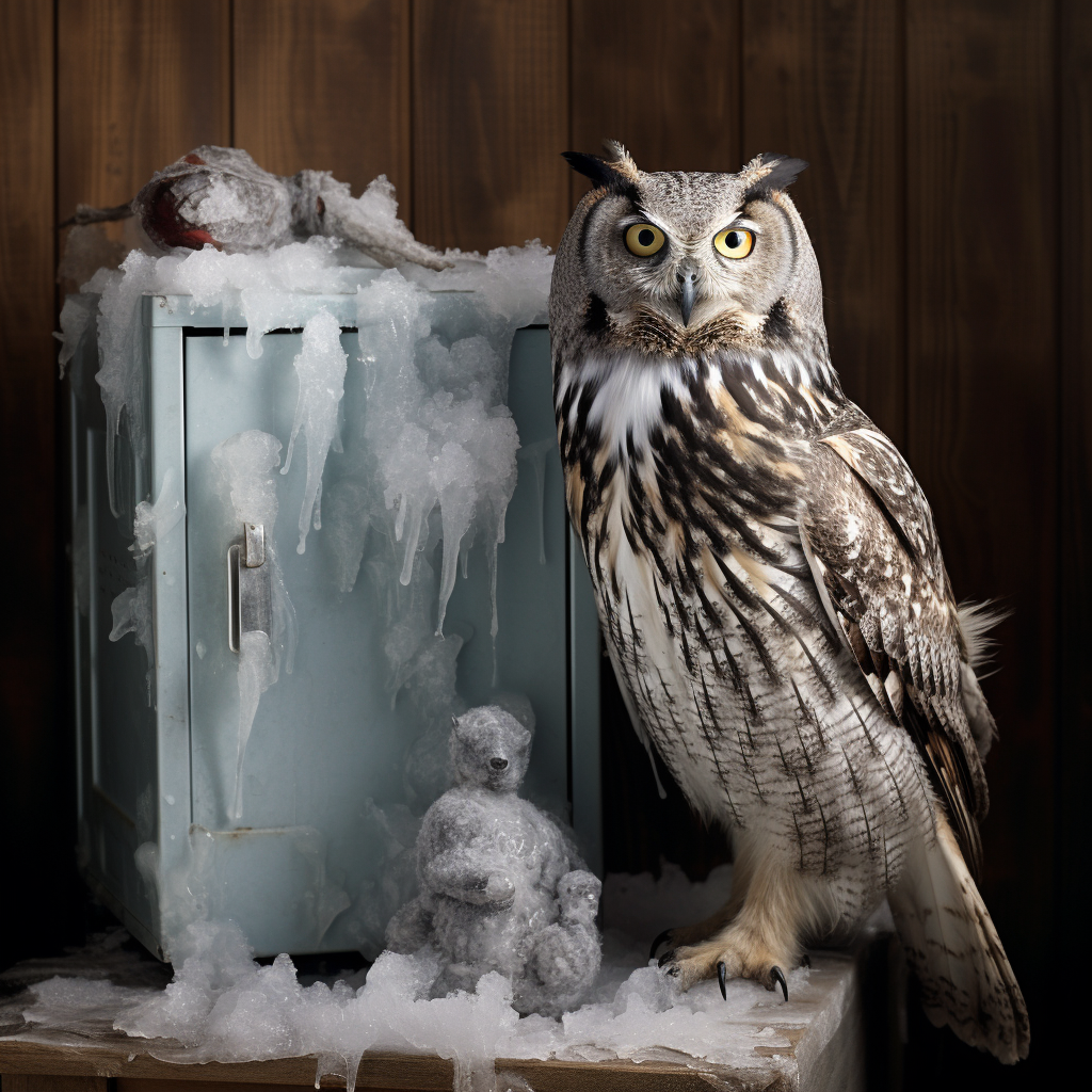 Frozen owl instills fear in running cat