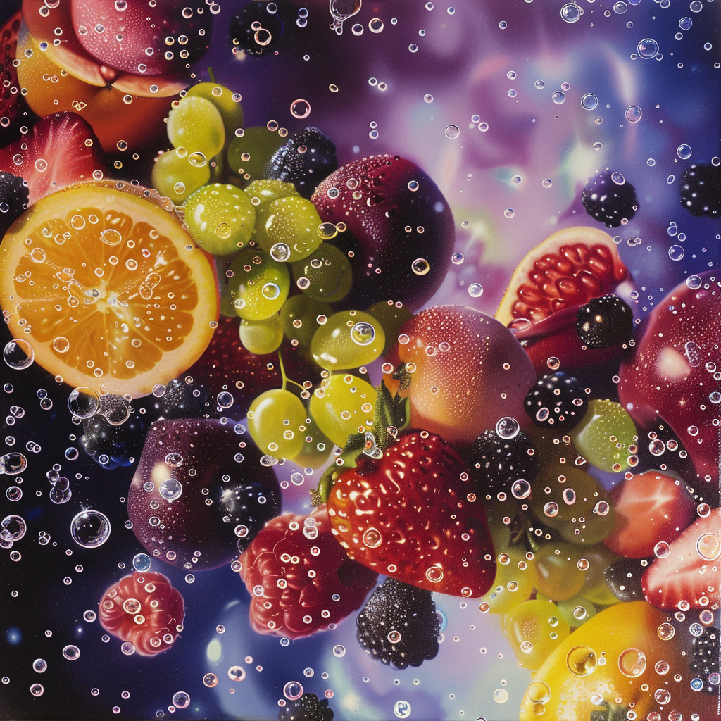 Real fruit bubbles celestial background