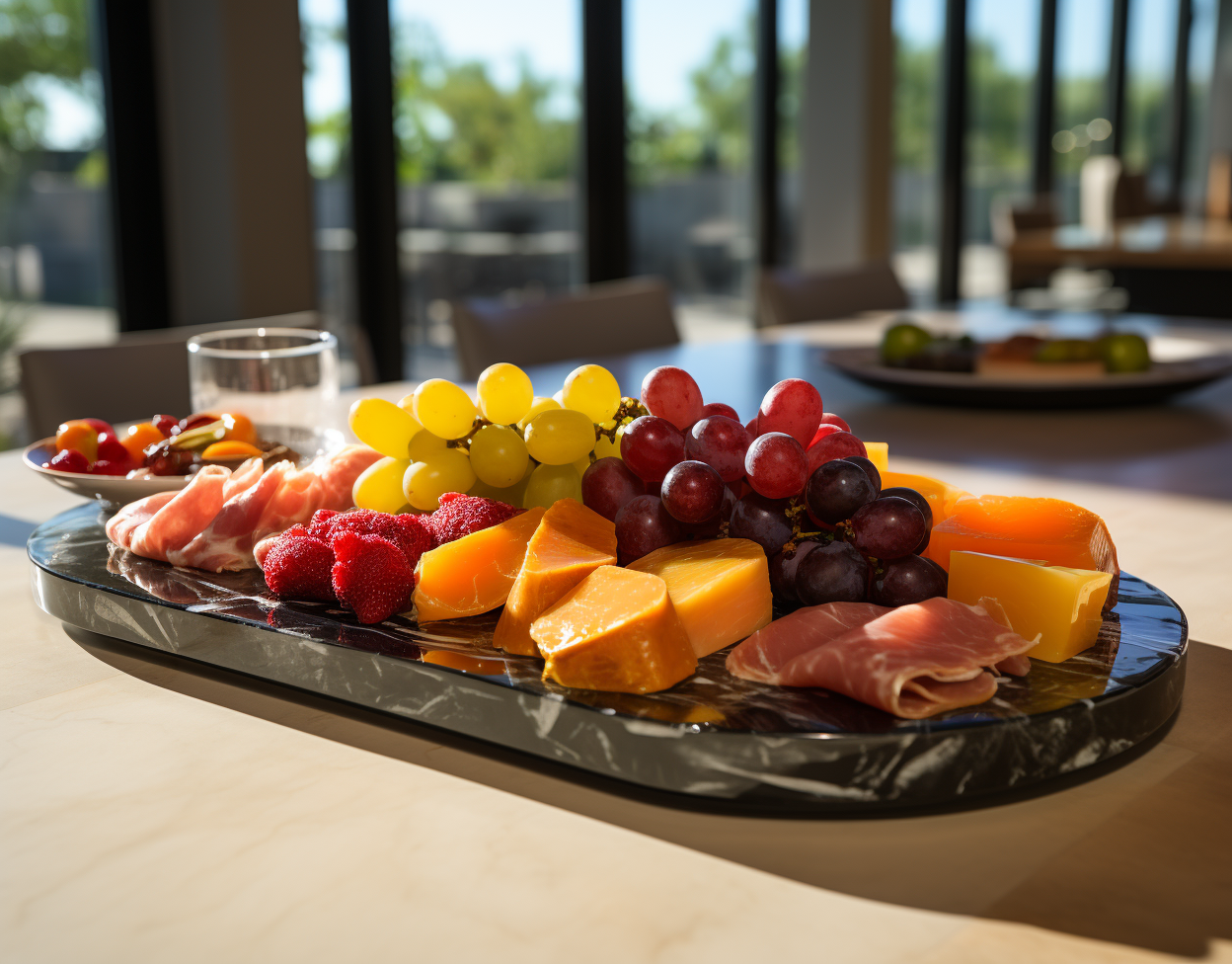 Fruit and Dessert Charcuterie on Glass Plate in Modern Kitchen