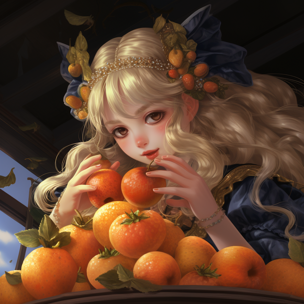 Little girl with wings eating fruit