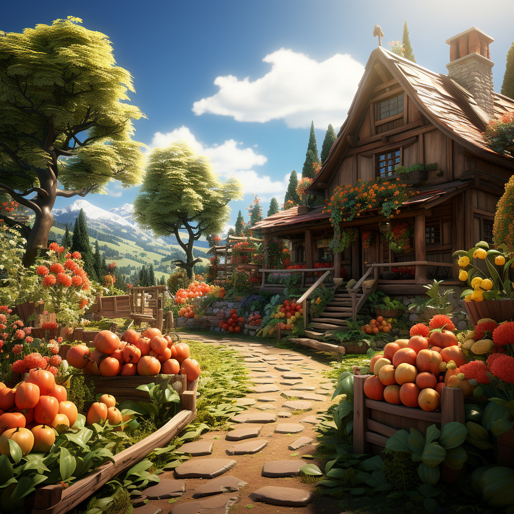 Pixar-style fruit garden with greenhouse and apple trees