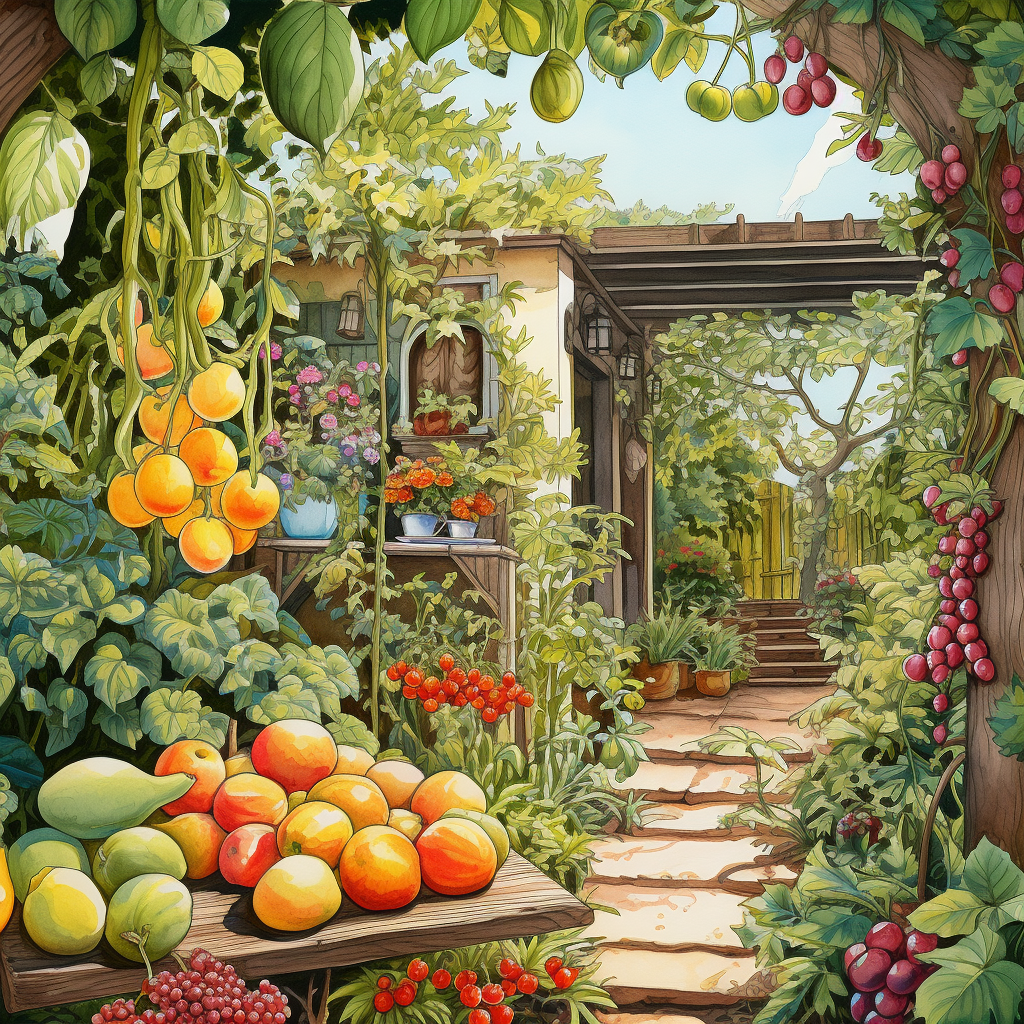 Abundant fruit garden with fresh fruits