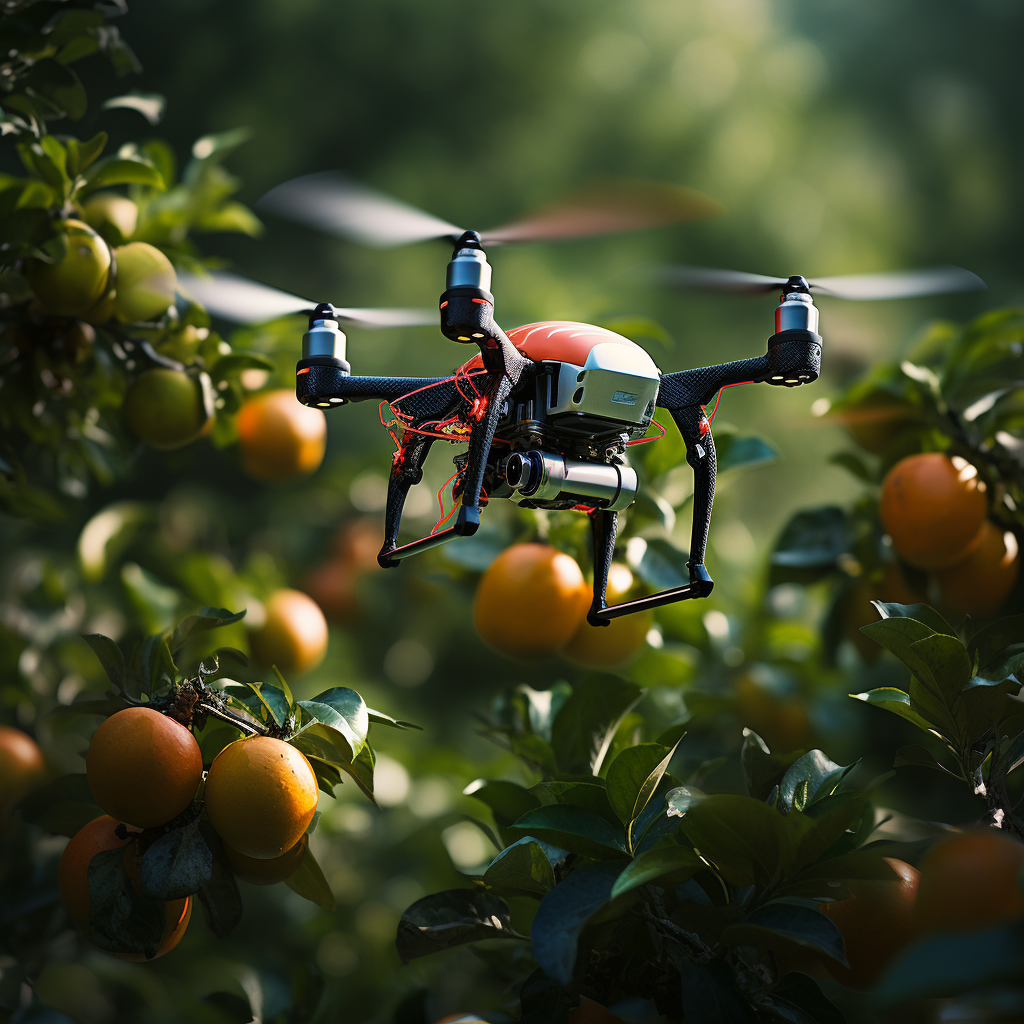 Quadcopter drone picking fruit from a tree