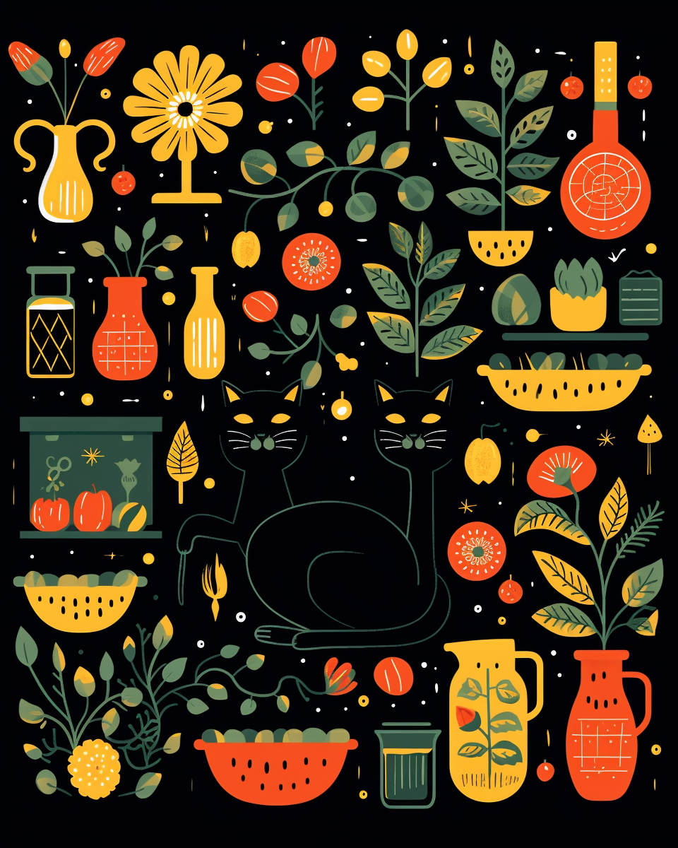 Colorful fruit, plant, and cat illustration