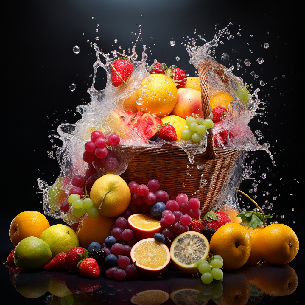 Colorful fruit basket with splashing juice