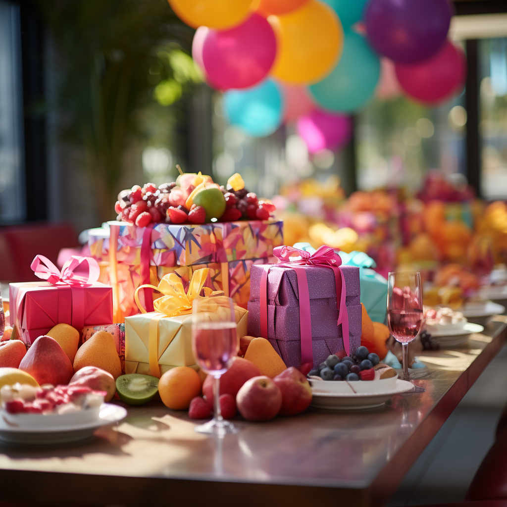 Colorful fruit-themed birthday party table with presents