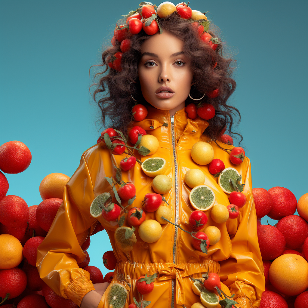 Smiling female model wearing fruit clothes