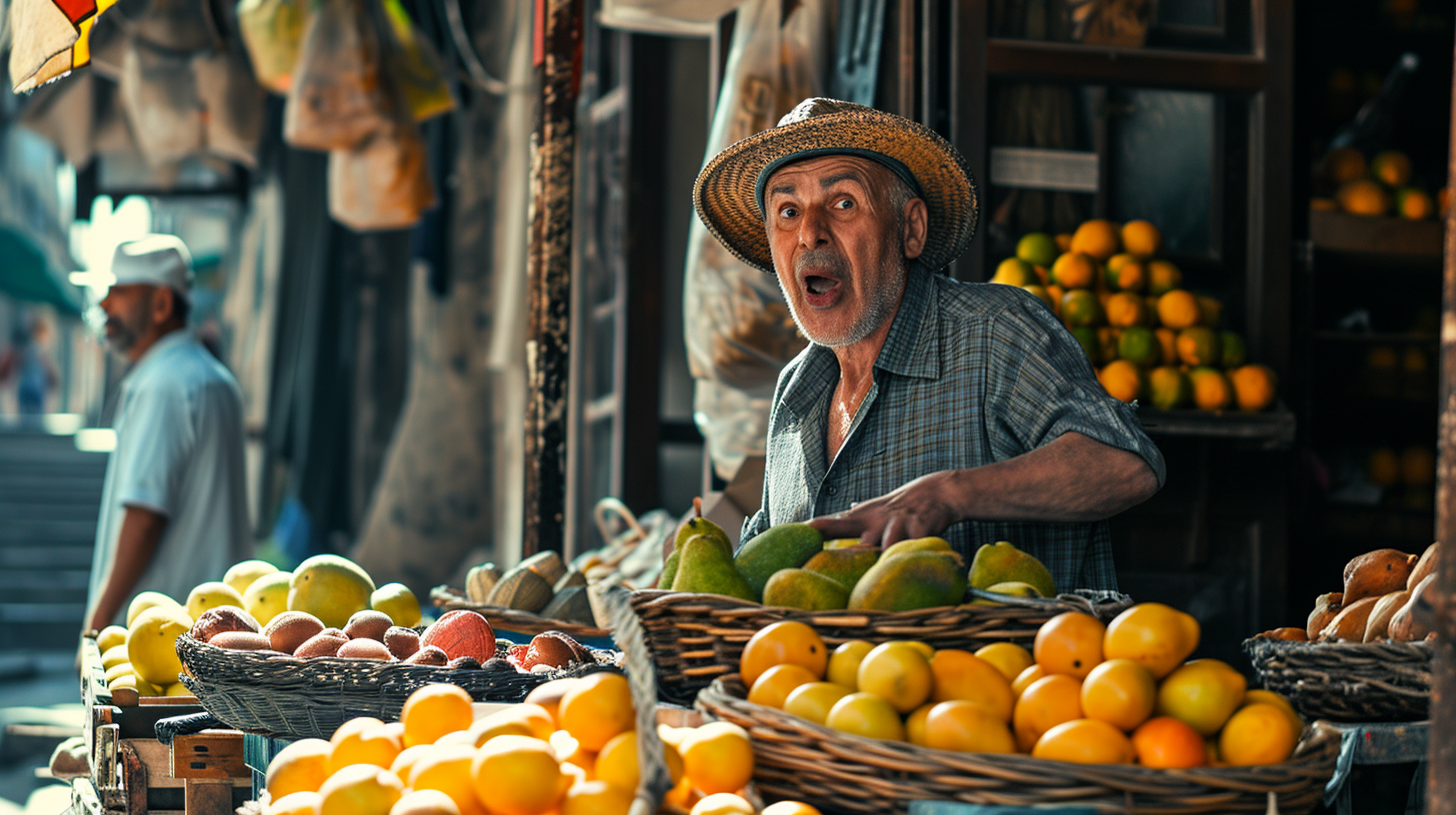 Fruit Shop with People and Baskets