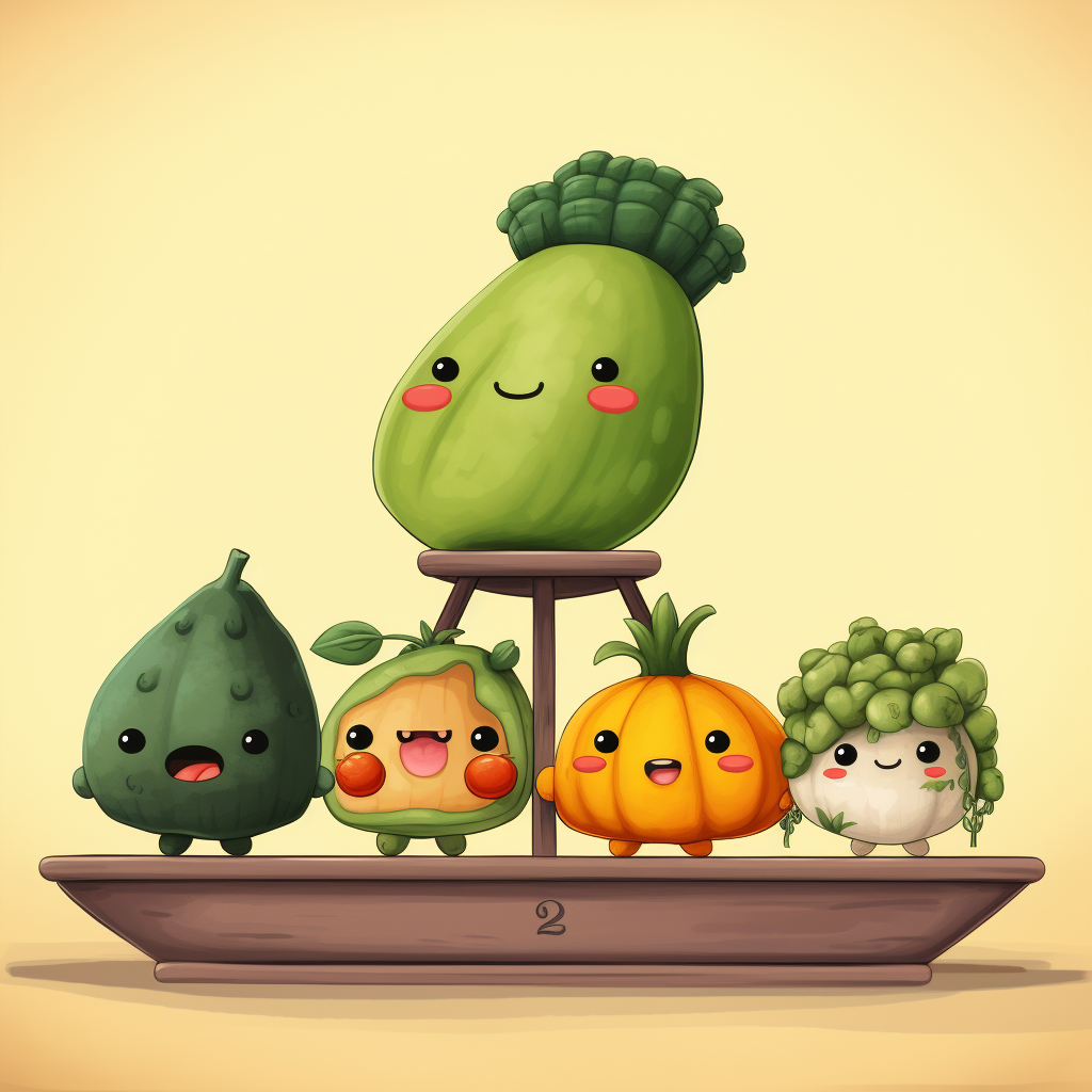 Chibi character using weight scale with fruits and vegetables