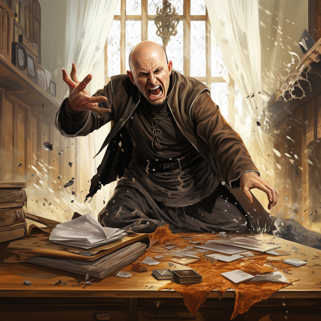 Frustrated Christian Monk knocking over writing desk with ink splashes