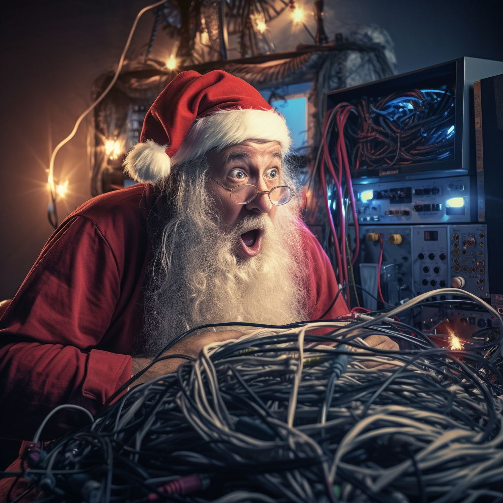 Santa Claus tangled in cables