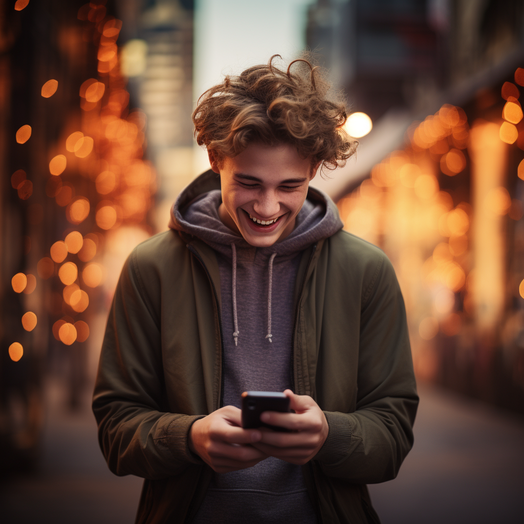 Teenager using cell phone, feeling frustrated and happy