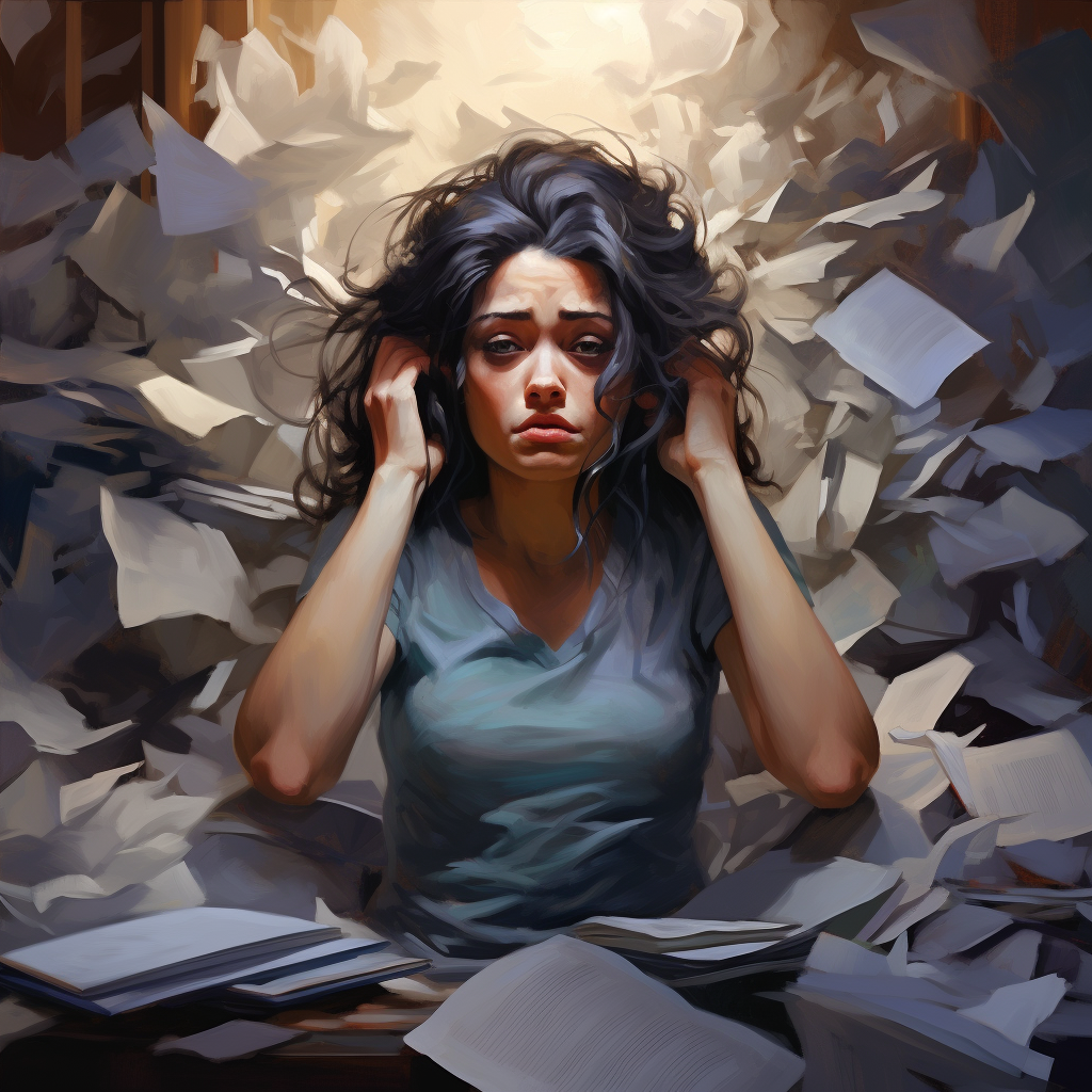 Frustrated author surrounded by crumpled paper