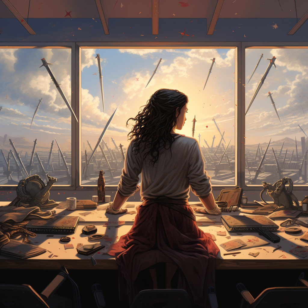 Frustrated female employee at office desk with swords outside